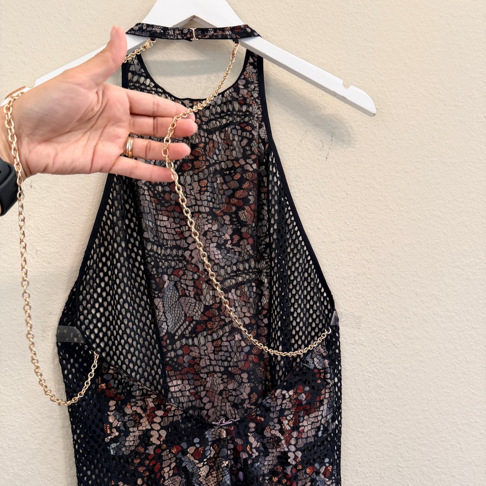 Savage X Fenty Womens Medium Black Lace Fishnet Catsuit Gold Chain Jumpsuit- M - Picture 9 of 16